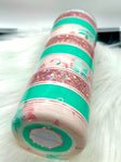 Striped pink and minty green glitter holiday tumbler