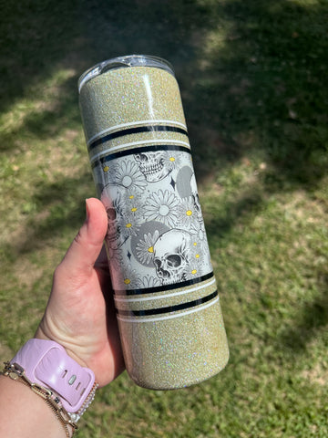 Gold Glitter Skulls and Flowers 20oz Skinny Tumbler